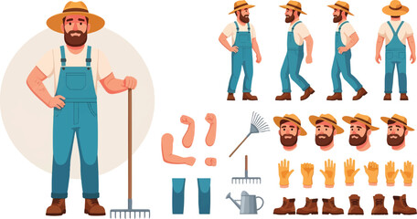 Farmer character with rake and watering can kit Keywords: farmer, character, design, kit