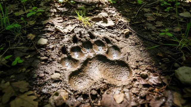 Wild animal paw print in wet mud on forest ground with sunlight moving across the track, outdoor nature tracking concept