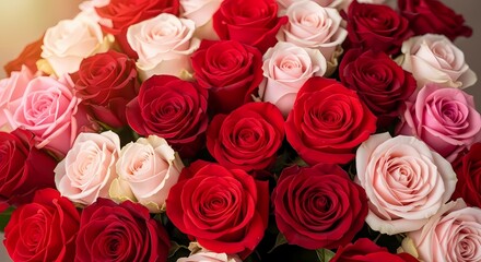 Naklejka premium Romantic red roses bouquet with pink and white roses for Valentine's Day gift, love celebration, wedding decoration, close-up floral arrangement