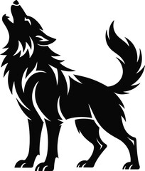 Fototapeta premium Howling wolf silhouette standing proudly, bold black wildlife animal illustration isolated on white background for nature design, logos, tattoos, posters, and stock graphics