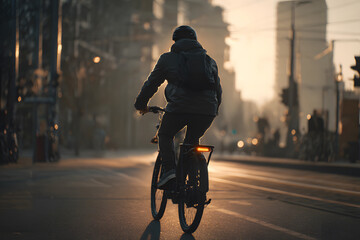 Biker rides through urban streets at sunset with city buildings around