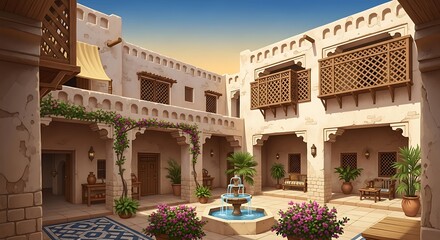 Naklejka premium Traditional Middle Eastern Courtyard Architecture Design.