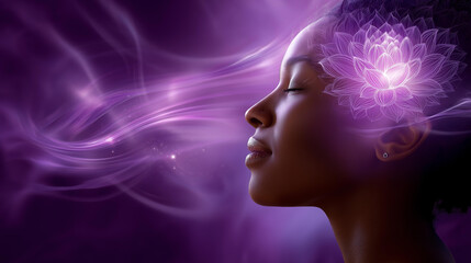 Obraz premium Faceless spiritual woman with glowing purple lotus at forehead, crown chakra awakening, defocused monochrome purple background, violet consciousness stream, soft ethereal light,