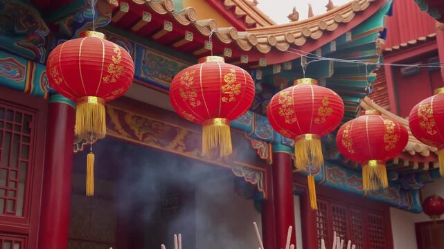 Traditional Chinese Temple Adorned with Red Lanterns and Incense Smoke