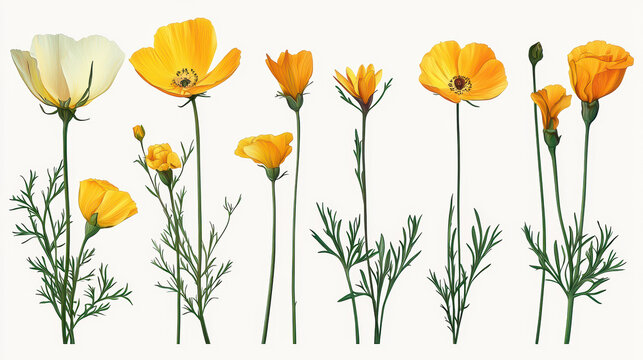 A serene illustration presents various stages of golden California poppies in full bloom and budding against a clean, bright white backdrop, evocative of sp.
