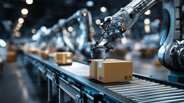 Robotic arm swiftly redirecting packages on high-tech conveyor belt, automated logistics system sorting cardboard boxes with accuracy in distribution center, faceless automation