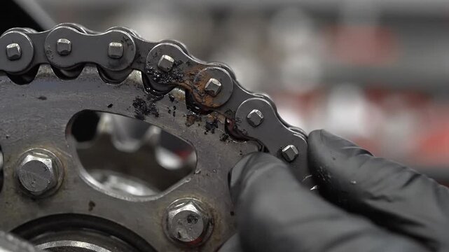 Close-up of a rusty and dirty motorcycle chain on a sprocket, being inspected with a tool.