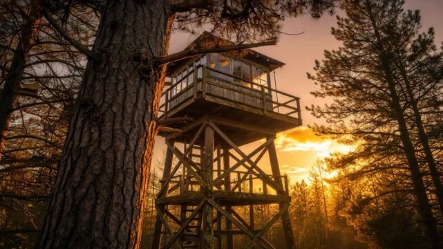 Wooden fire lookout tower with sunset light on forest landscape and tree trunks. Observation platform in wilderness environment.