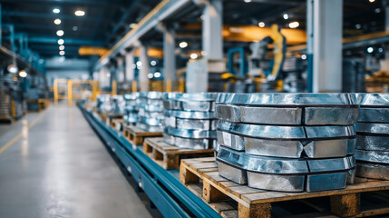 Fototapeta premium Industrial warehouse filled with metal ingots stacked on pallets, robotic arms nearby indicating automated material handling, metals storage facility, defocused warehouse