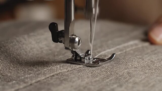 Close-up of a sewing machine needle stitching fabric, creating a seam.