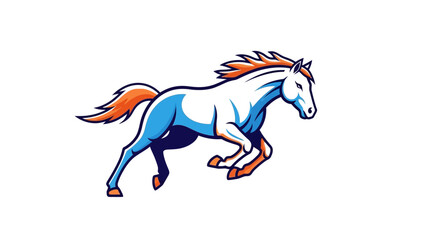 Obraz premium Dynamic stylized horse mascot running or galloping in blue and orange, isolated white background.