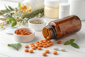 herbal dietary supplement capsules with natural ingredients and vitamins on white background