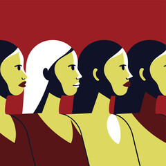 Vector illustration of diverse women in profile, one with white hair, standing in a row against a red background, representing unity and empowerment