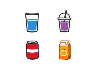 Obraz premium Different types of drinks including blue water, purple beverage, soda can, and orange juice carton on a white background