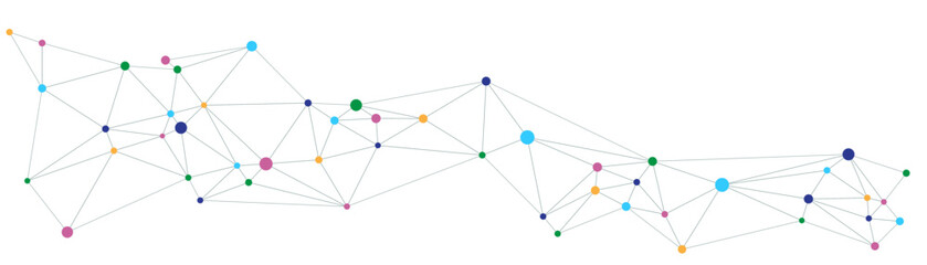 Abstract network connections, colorful nodes and lines, digital data transfer