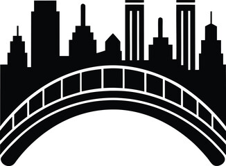 Bridge crossing river with scenic city skyline silhouette evening urban landscape Vector illustration