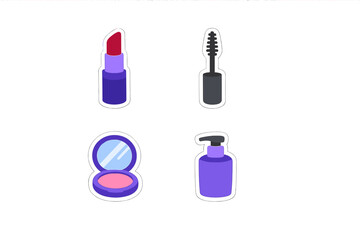 Obraz premium Different beauty products arranged on a white background showing lipstick, mascara, blush compact, and skincare bottle in purple colors