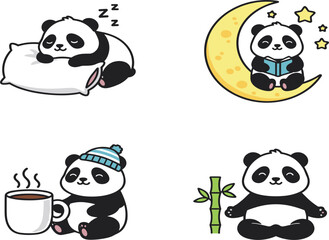 Obraz premium Cute Panda Cartoon Set with Sleeping Reading Coffee Winter Hat and Bamboo Isolated on White Background