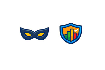 Fototapeta premium Different icons show a mask symbol and a shield with bar charts representing security and analytics concepts in a simple design
