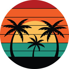 Vintage style sunset inside palm circle tropical retro summer beach art Vector illustration