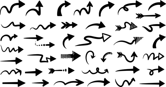 Black arrow sketches collection - hand drawn doodle style pointers, curved lines, round swirls. Black grunge brush strokes. Transparent background EPS version.