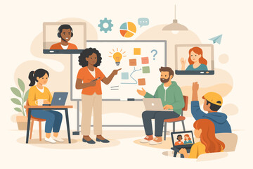 Group of people in a meeting discussing ideas and sharing feedback during an online conference session with video calls