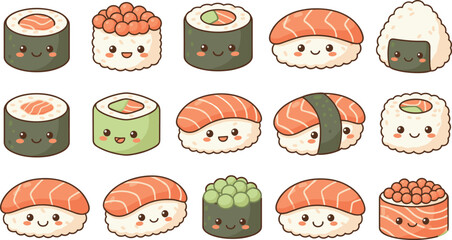 Cute Sushi Cartoon Set with Salmon Roll Nigiri Maki and Gunkan Characters Isolated on White Background © munzuara