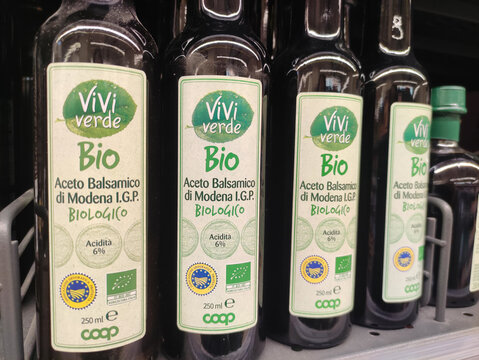 Rome, Italy - January 22, 2026: Bottles of Vivi Verde organic balsamic vinegar from Modena displayed on a supermarket shelf with visible labels and branding
