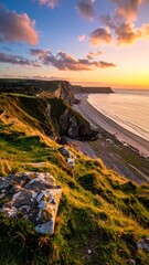 Naklejka premium A serene coastal landscape at sunset with cliffs and beach