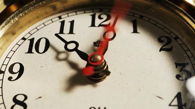 Close-up of a vintage analog clock face with moving hands, showing the passage of time.