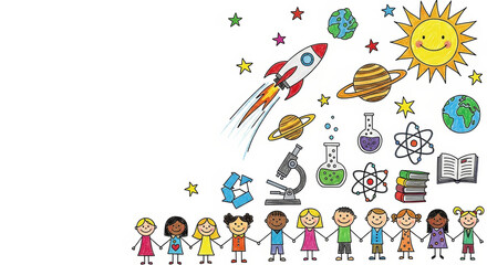 Fototapeta premium Colorful child's crayon drawing representing science and humanity, featuring diverse children holding hands against a playful background with planets and rockets,