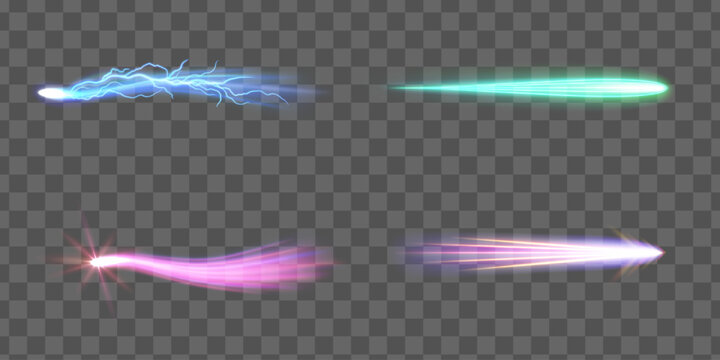 Four glowing energy trails blue green pink and white on transparent background