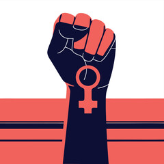Raised fist with female gender symbol, vector illustration for women's rights, feminism, protest, empowerment, isolated on white