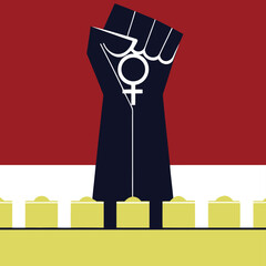 Vector illustration of a raised fist with female gender symbol, red and white background, yellow boxes, women's rights, feminism