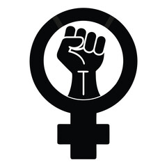 Black vector female gender symbol with raised fist, feminism and women's rights icon, isolated on white