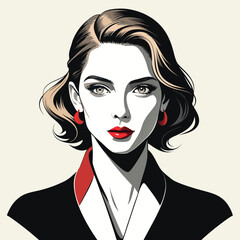 Vector portrait of a confident woman with short brown hair, red lipstick, red earrings, and a black blazer, isolated on white
