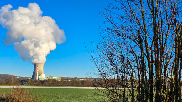 Leibstadt Nuclear Power Plant on the Rhine against a blue sky in Canton of Aargau in Switzerland.