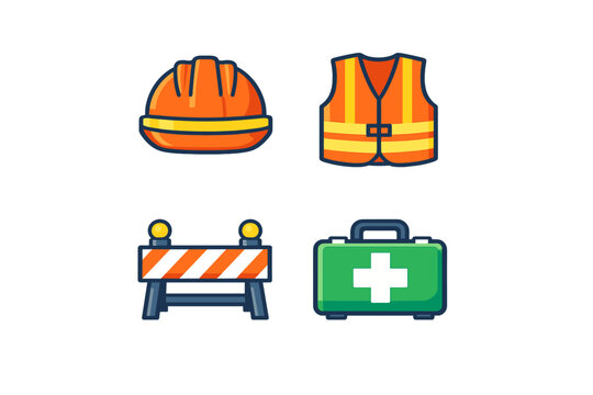 Icons of construction safety gear including a hard hat, safety vest, barrier, and first aid kit in bright colors