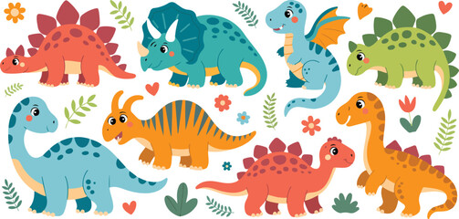 Cute Dinosaur Vector Illustration Set  Smiling Baby Prehistoric Animals for Kids