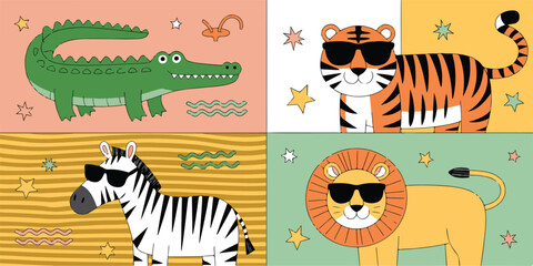Fototapeta premium Cute Safari Animals on Summer Vacation Beach Relaxing Cartoon Vector Set