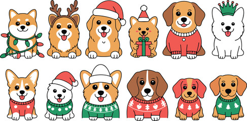 Fototapeta premium Cute Christmas Dogs Line Illustration Set Festive Puppies in Sweaters and Santa Hats
