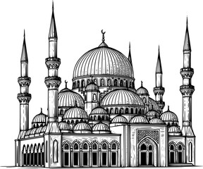 Fototapeta premium Islamic Mosque Architecture Perspective View with Domes and Minarets, Vintage Engraving Black and White Line Art Illustr