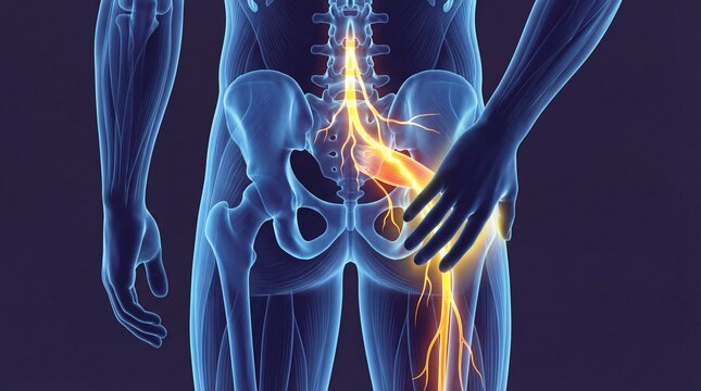 Human body with highlighted sciatic nerve pain in lower back and leg