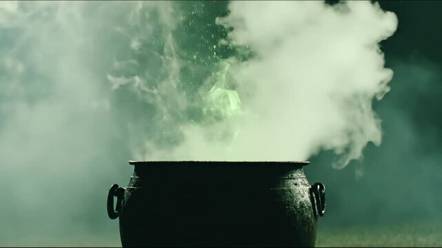A dark scene featuring a cauldron bubbling with smoke, set in a green field with a dark green background