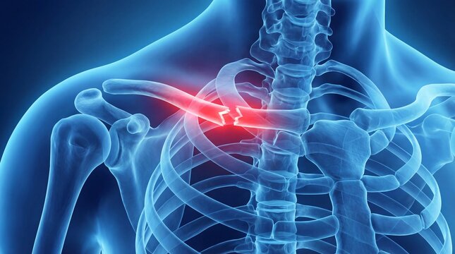Human skeleton with highlighted shoulder injury in blue transparent body