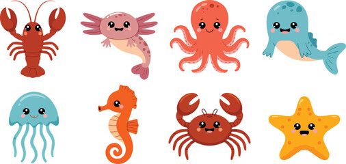 Fototapeta premium Cute Sea Animals Vector Illustration Set Crab, Octopus, Narwhal, and Friends