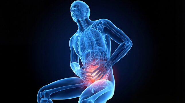 Person experiencing lower back pain with glowing blue skeleton