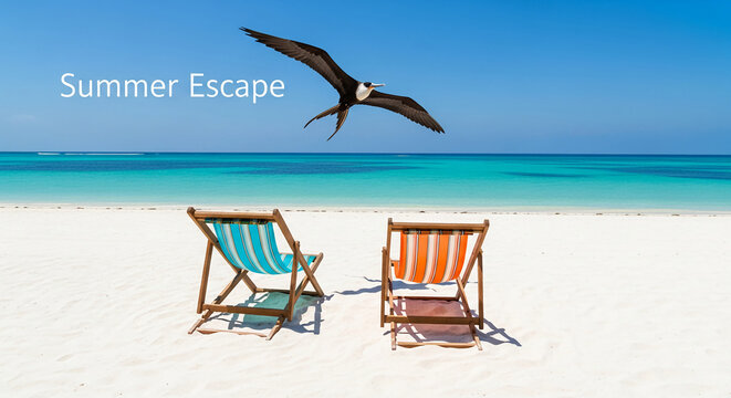 Two beach chairs on a white sandy beach under a clear blue sky, with a frigatebird flying above, representing relaxation and a vacation getaway