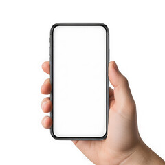 Hand holding smartphone with blank white screen on transparent background for mockup design purposes