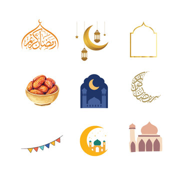 Ramadan decorative elements vector set with crescent moon, lanterns, mosque and traditional food